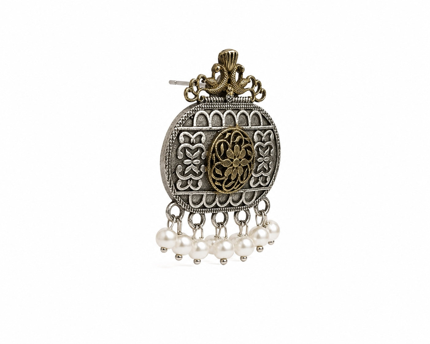 Vintage Dual-Tone Pearl Drop Earrings | Antique Silver & Gold Statement Earrings