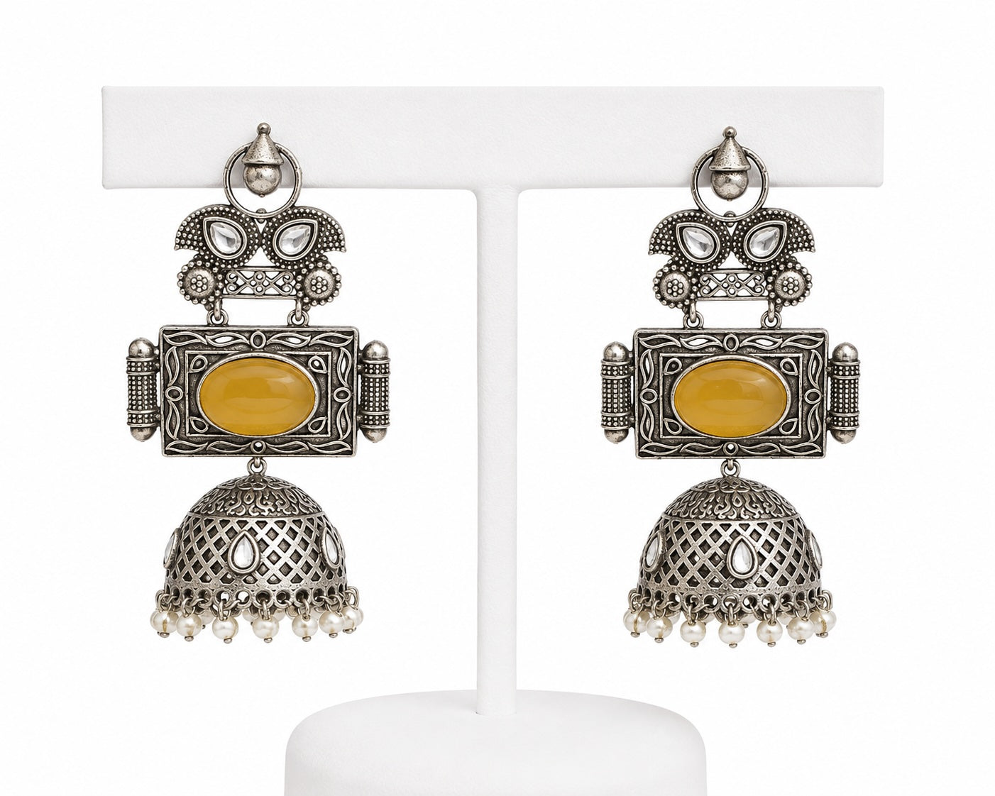 Vintage Oxidized Jhumka Earrings with Mustard Stone & Pearl Drops | Traditional Ethnic Statement Jewelry