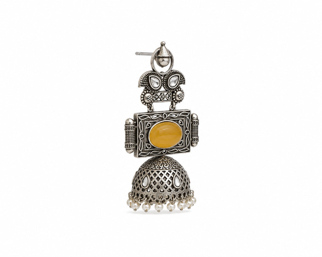 Vintage Oxidized Jhumka Earrings with Mustard Stone & Pearl Drops | Traditional Ethnic Statement Jewelry
