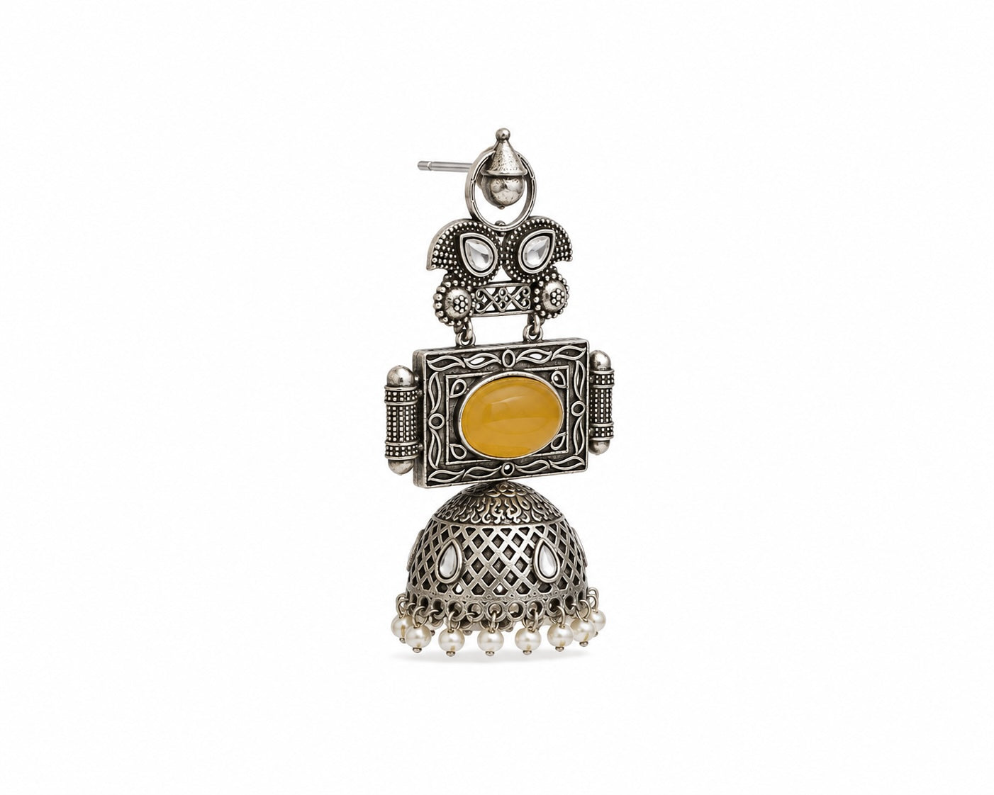 Vintage Oxidized Jhumka Earrings with Mustard Stone & Pearl Drops | Traditional Ethnic Statement Jewelry