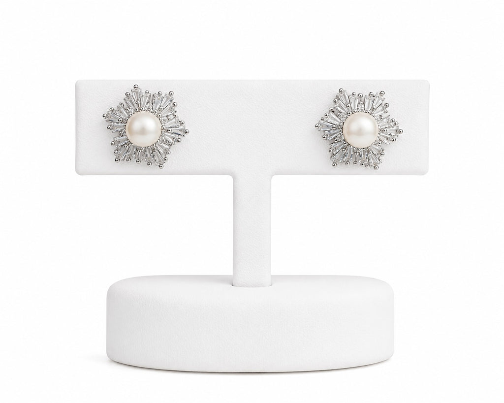 Radiant Pearl Burst Stud Earrings | Crystal Halo Bridal & Wedding Earrings