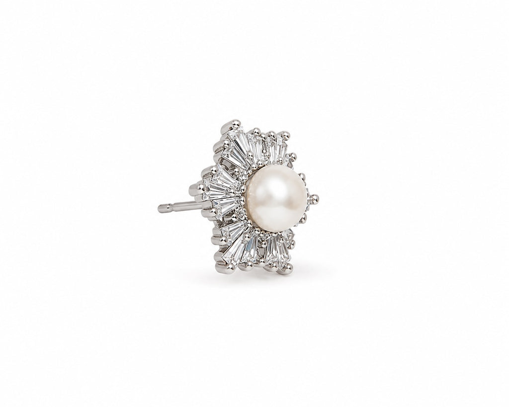 Radiant Pearl Burst Stud Earrings | Crystal Halo Bridal & Wedding Earrings