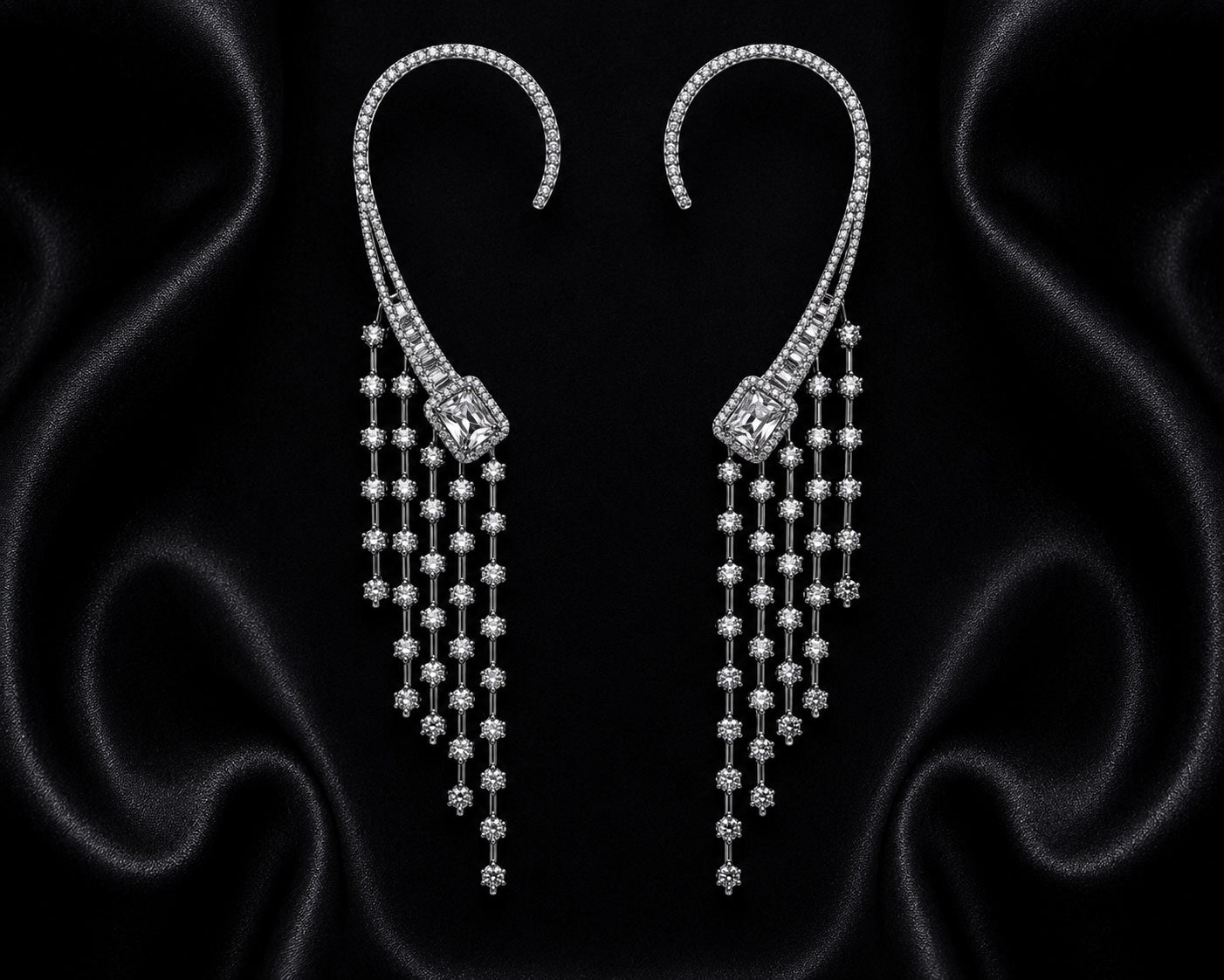 Starlight Crystal Ear Cuff Earrings | Luxury Bridal Ear Climber with Crystal Tassels