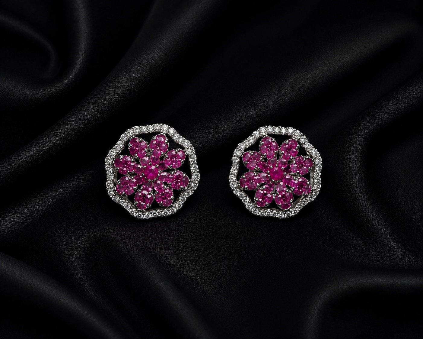Ruby Blossom Floral Stud Earrings | Pink Crystal Statement Earrings