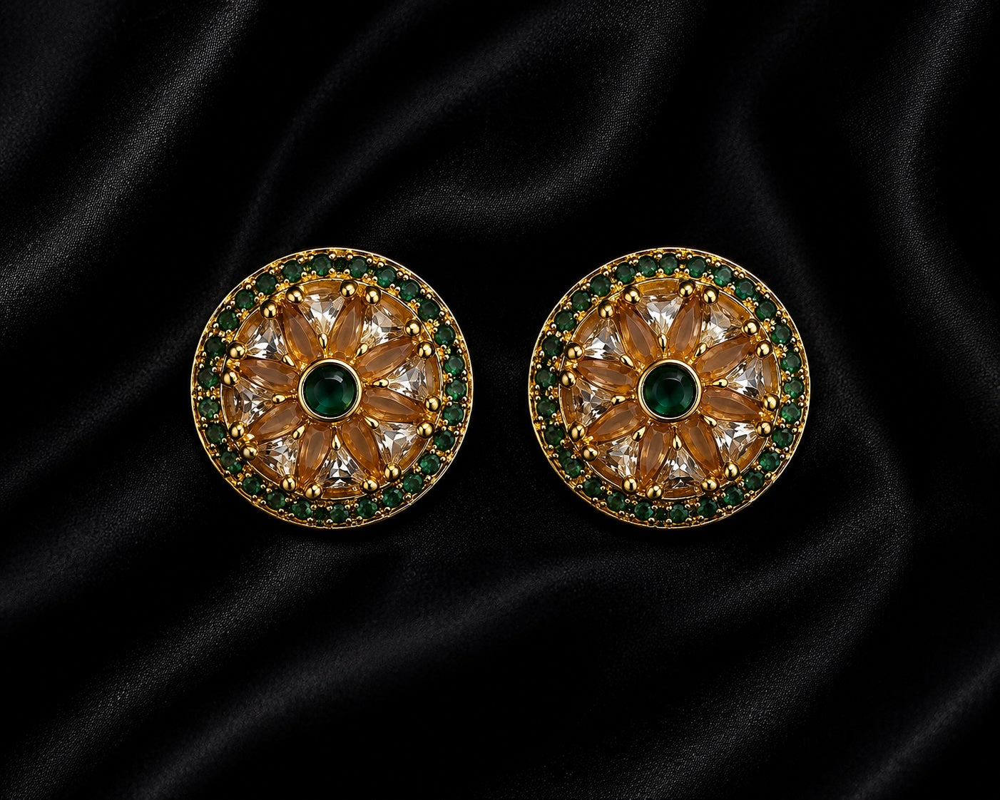 Emerald Bloom Crystal Stud Earrings | Gold-Tone Floral Statement Earrings