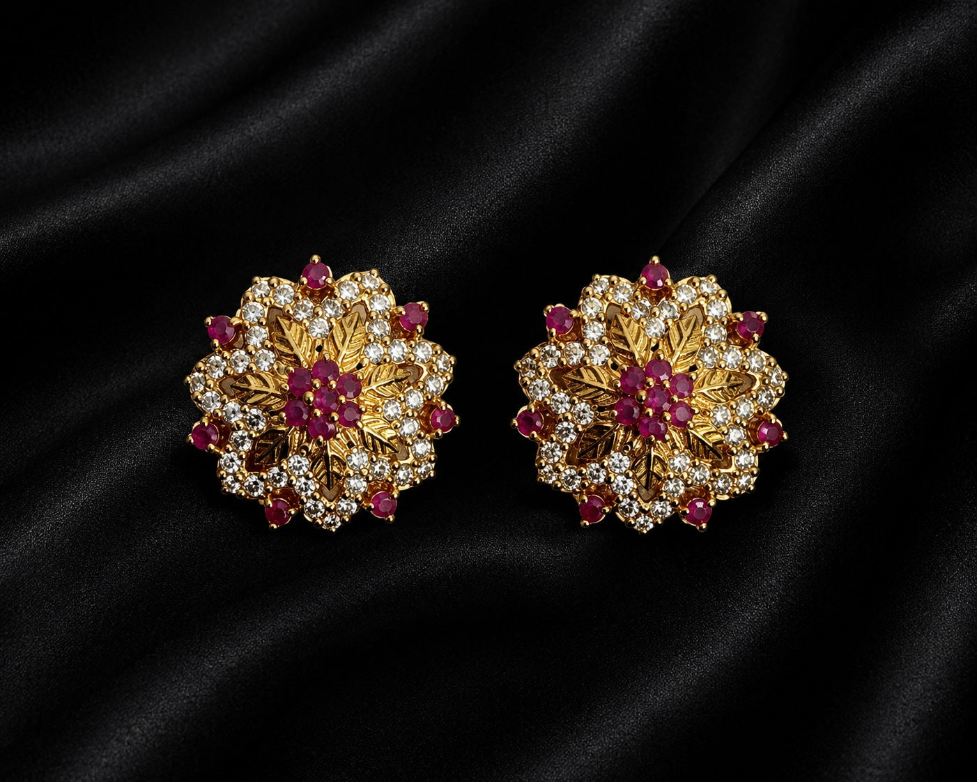 Ruby Blossom Crystal Stud Earrings | Gold-Tone Floral Statement Earrings