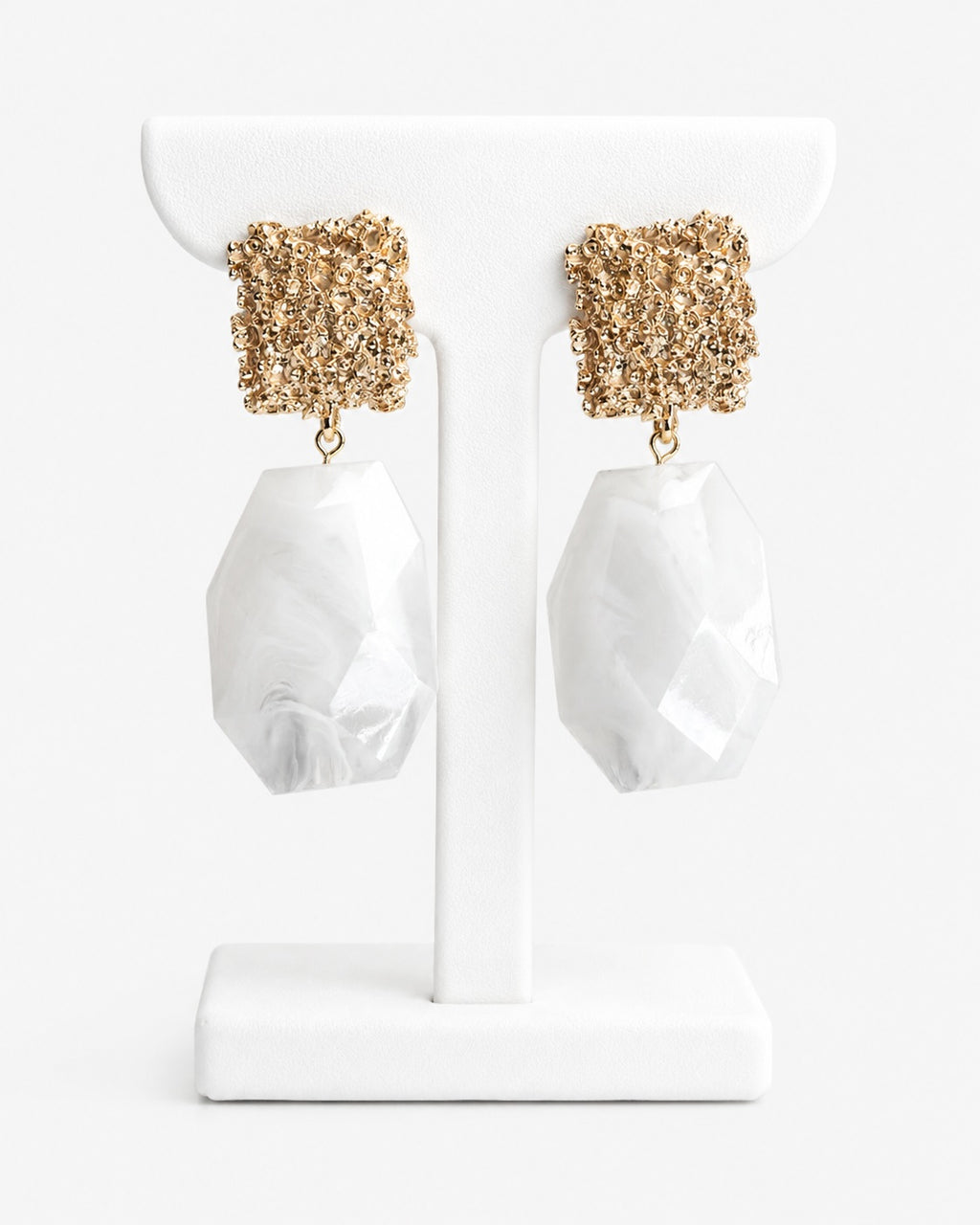 Ivory Marble Statement Drop Earrings | Gold Textured Geometric Earrings