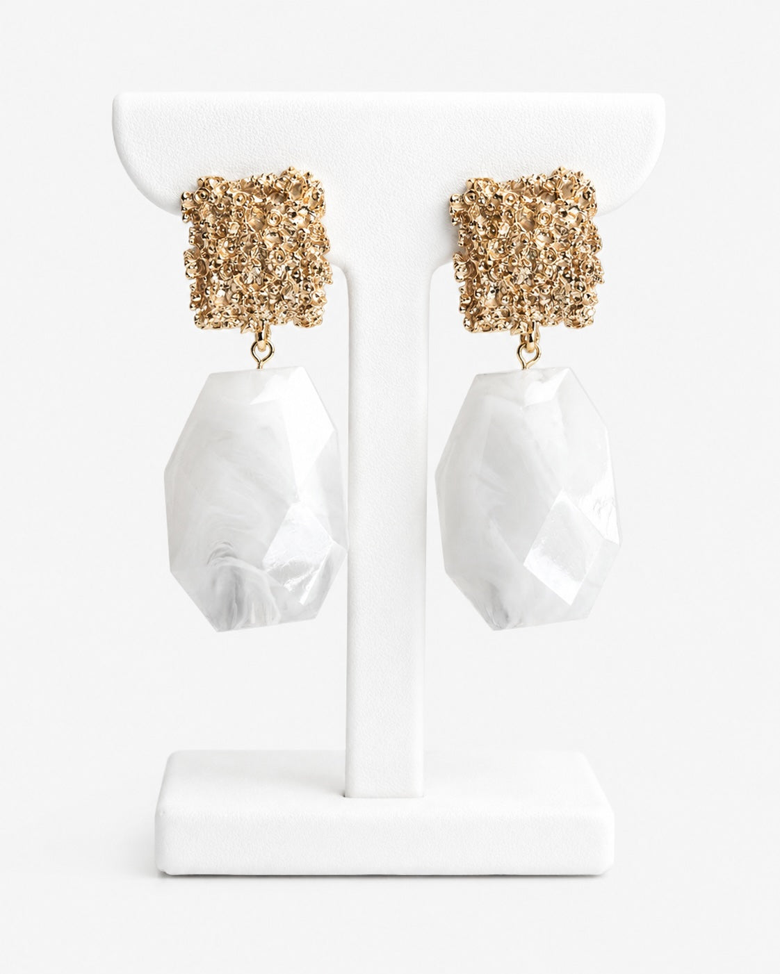 Ivory Marble Statement Drop Earrings | Gold Textured Geometric Earrings