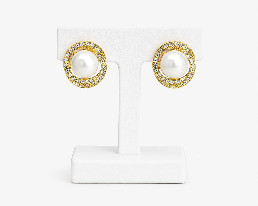 Gold Pearl Crystal Stud Earrings | Classic Pearl Statement Earrings