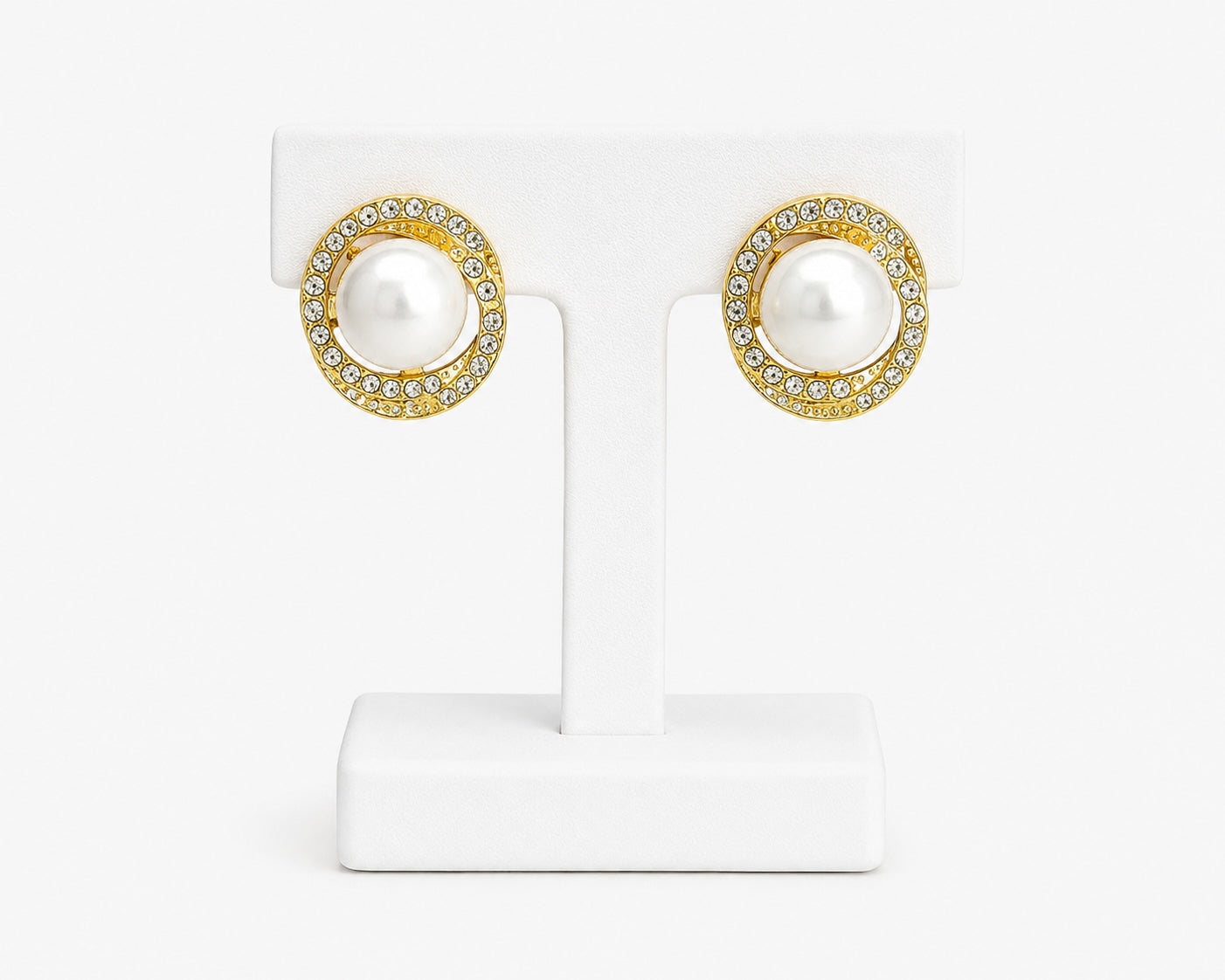 Gold Pearl Crystal Stud Earrings | Classic Pearl Statement Earrings