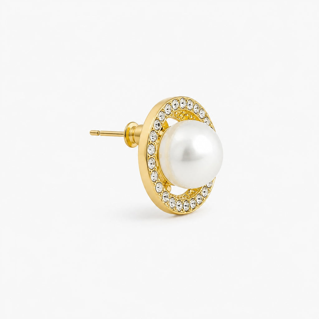 Gold Pearl Crystal Stud Earrings | Classic Pearl Statement Earrings