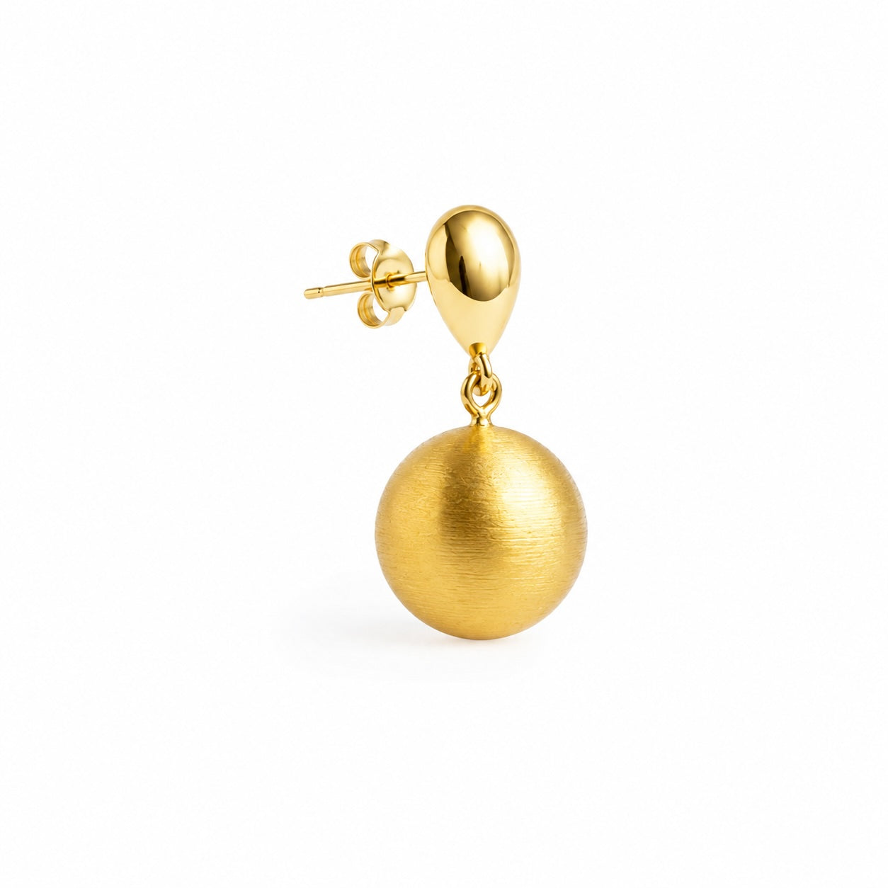 A single gold dangle earring featuring a textured spherical drop pendant and a smooth teardrop-shaped top, shown on a plain white background.