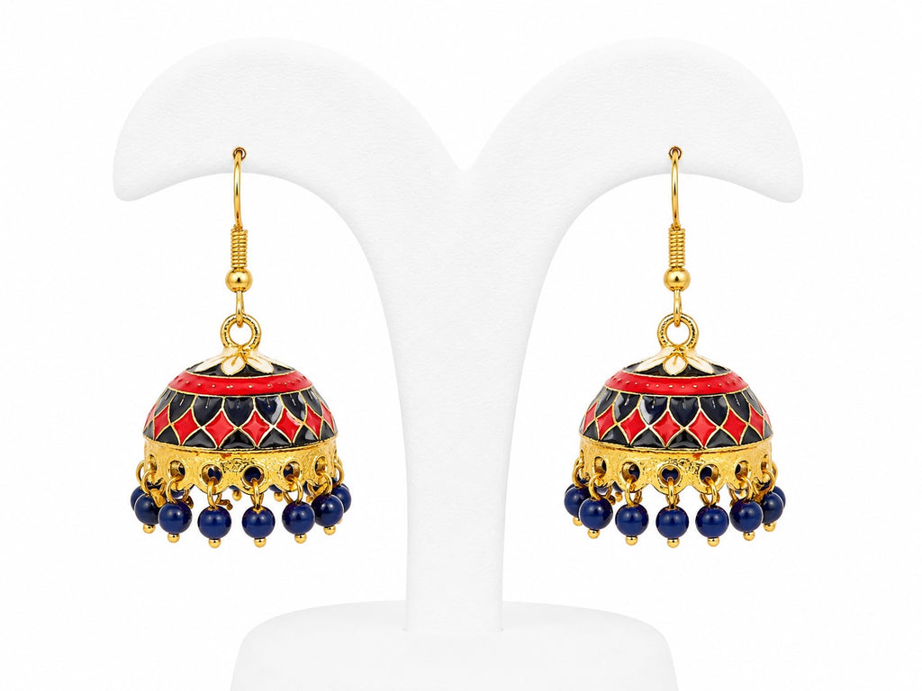 Pair of gold, red, and blue earrings on a white background