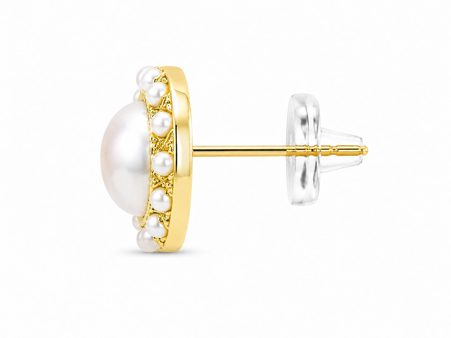 Gold earring with pearls on a white background