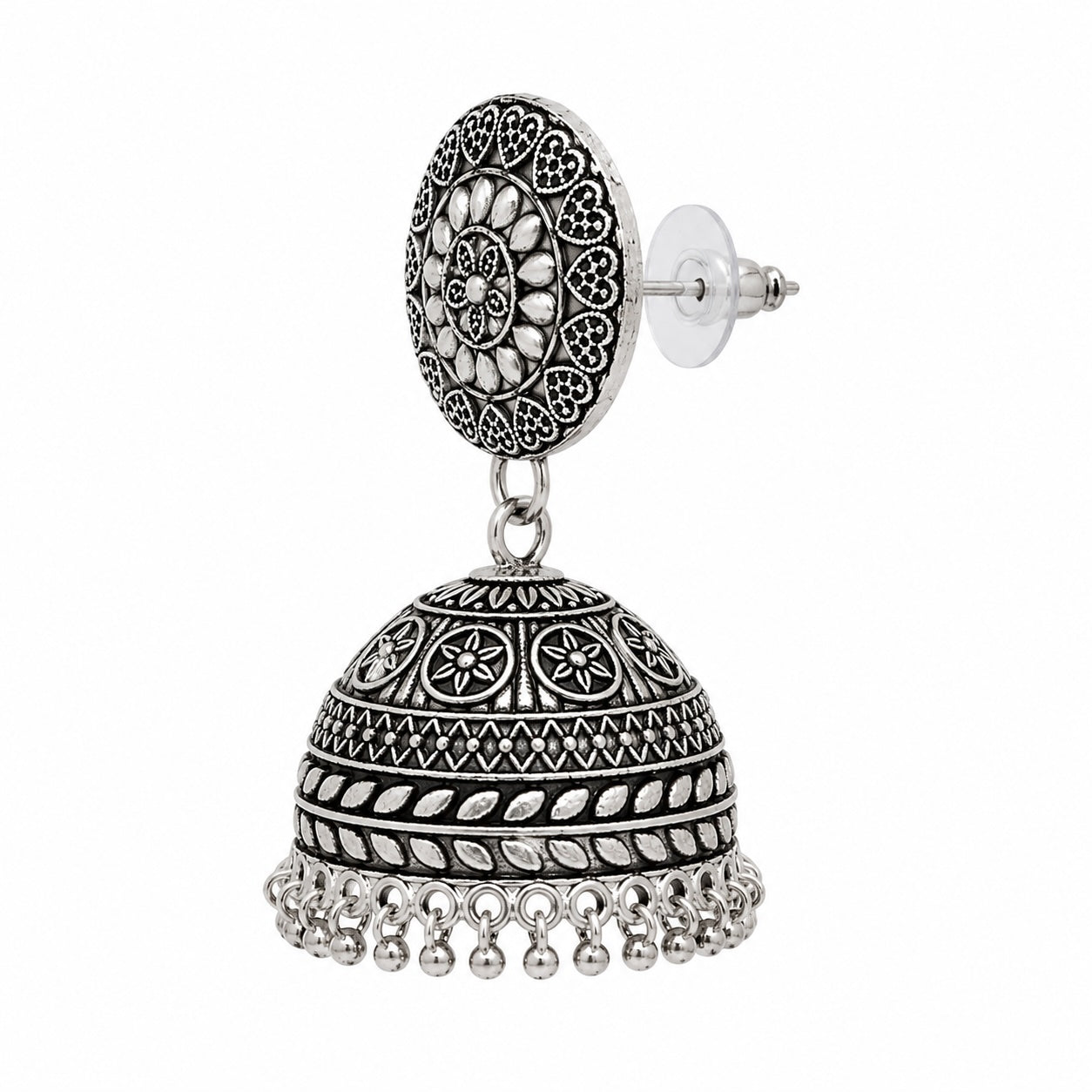 Silver jhumka earring on a white background