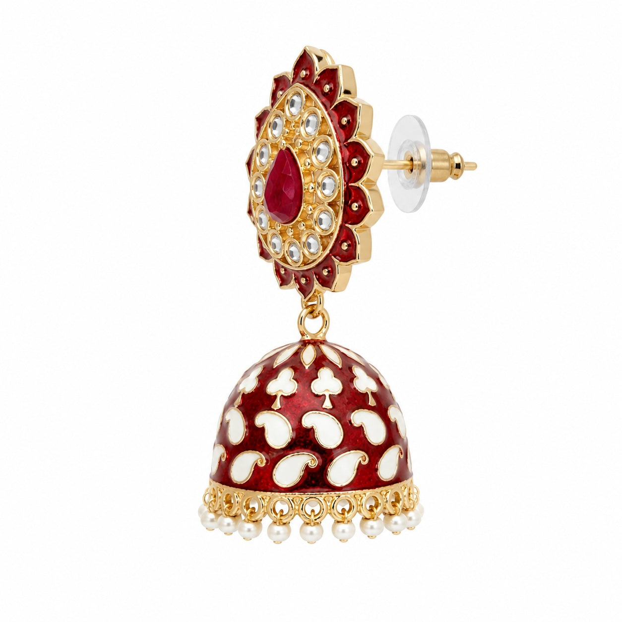 Ornate red and gold earrings with white patterns on a white background