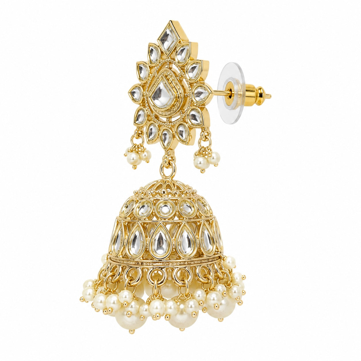 Gold and pearl earrings on a white background