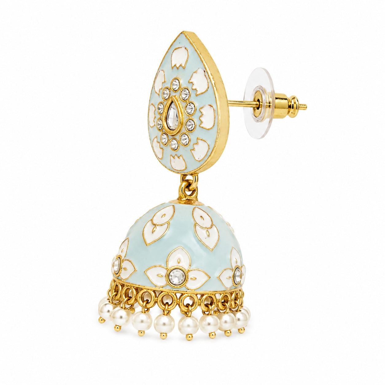Decorative earring with gold and light blue design on a white background