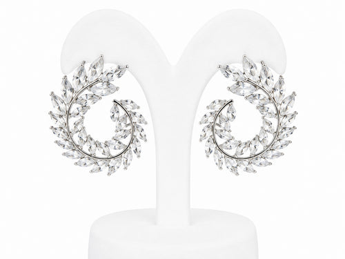 Pair of silver earrings with leaf-like design on a white background