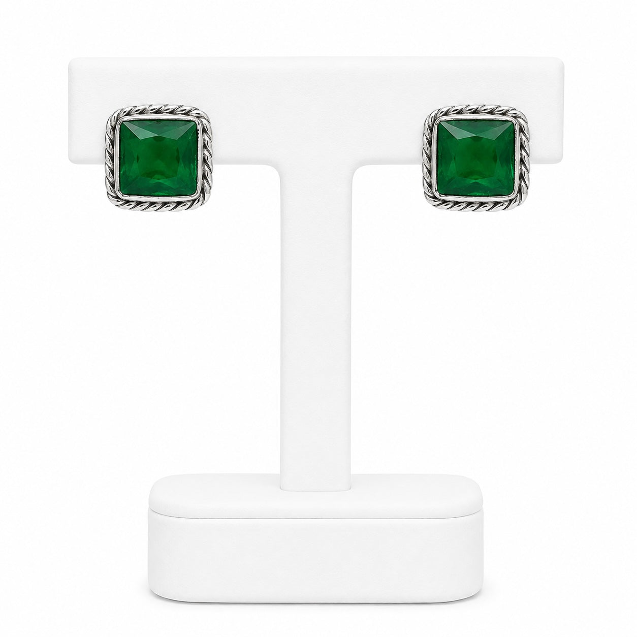 Green Gemstone Stud Earrings | Elegant Silver-Tone Statement Jewelry | Khush Mizaj Official
