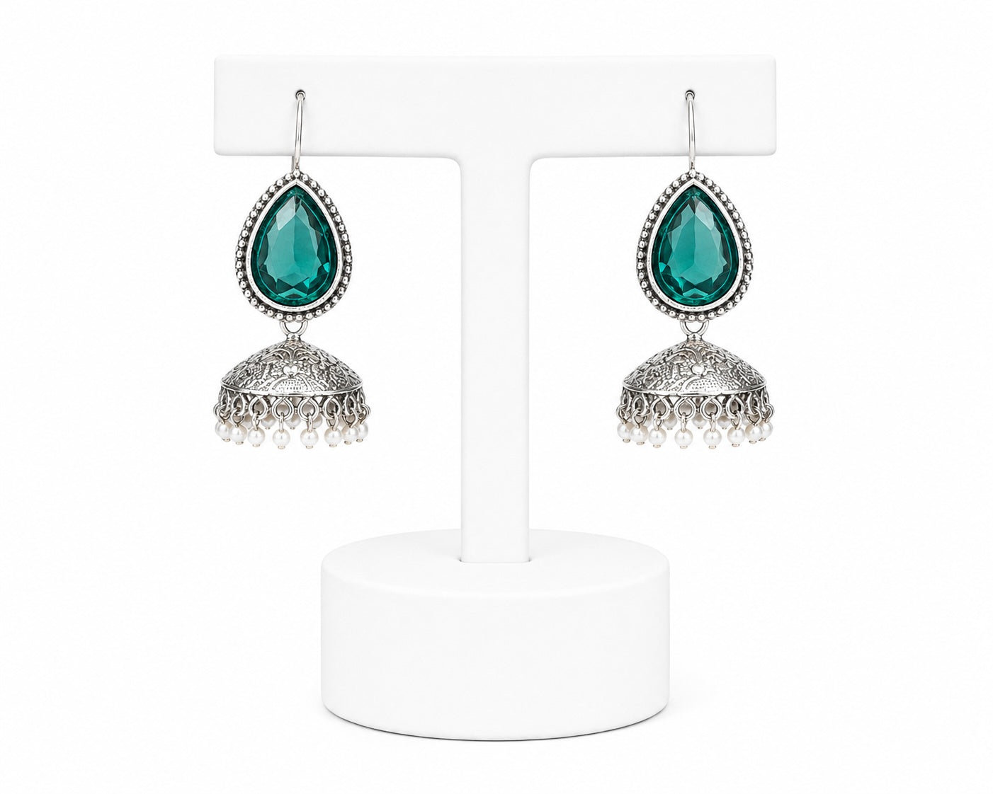 Pink Stone Oxidized Jhumka Earrings with Pearl Drops | Traditional Indian & Pakistani Jewelry