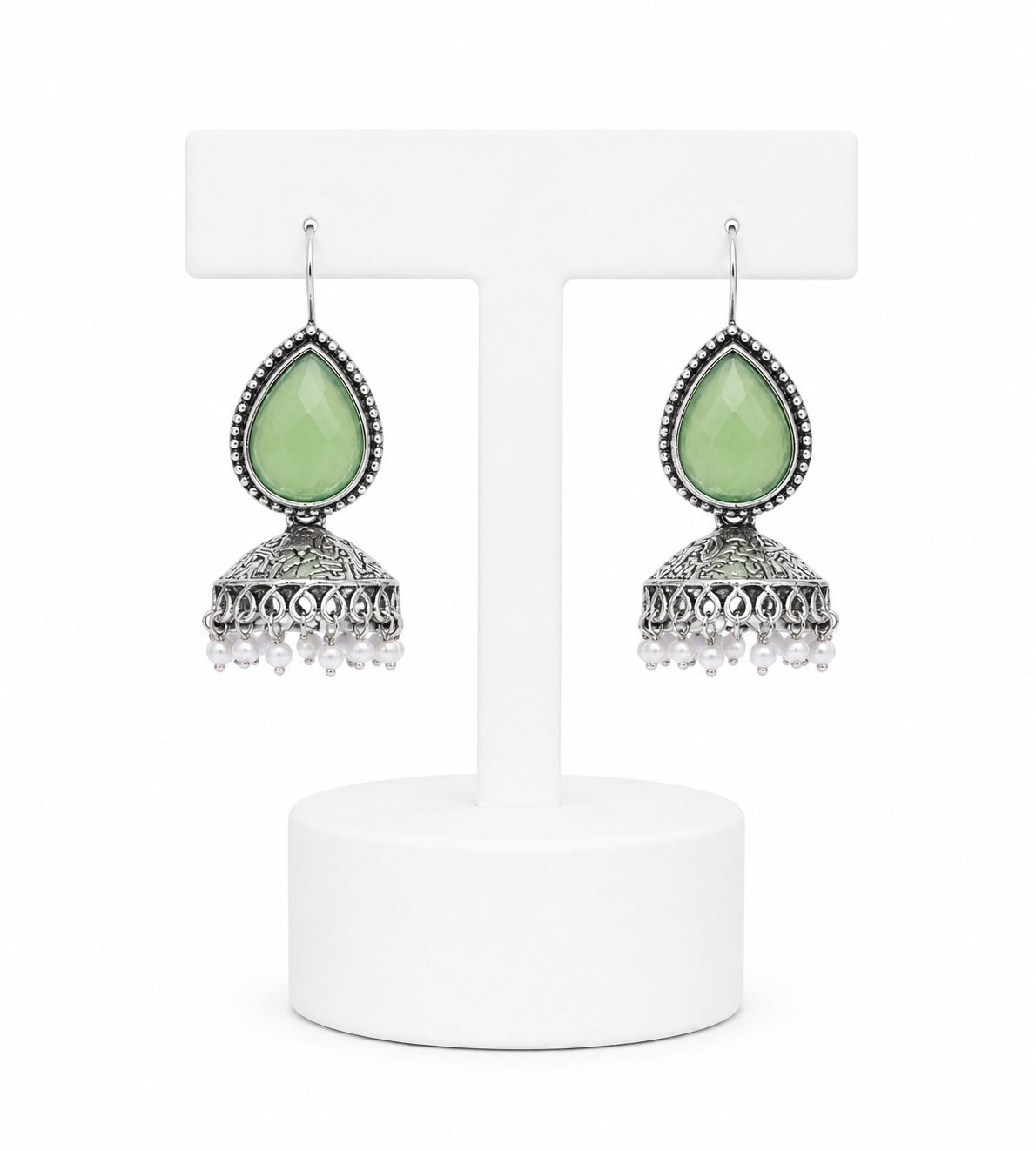 Pink Stone Oxidized Jhumka Earrings with Pearl Drops | Traditional Indian & Pakistani Jewelry