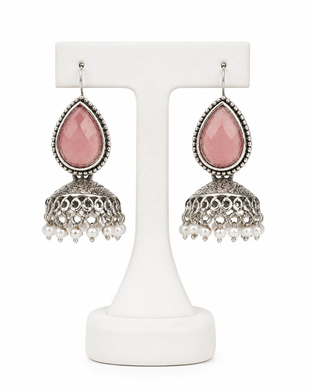 Pink Stone Oxidized Jhumka Earrings with Pearl Drops | Traditional Indian & Pakistani Jewelry