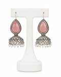 Pink Stone Oxidized Jhumka Earrings with Pearl Drops | Traditional Indian & Pakistani Jewelry