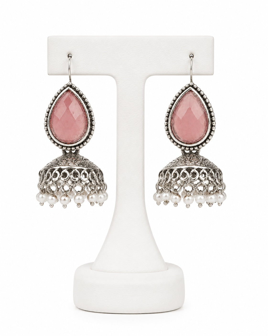 Pink Stone Oxidized Jhumka Earrings with Pearl Drops | Traditional Indian & Pakistani Jewelry