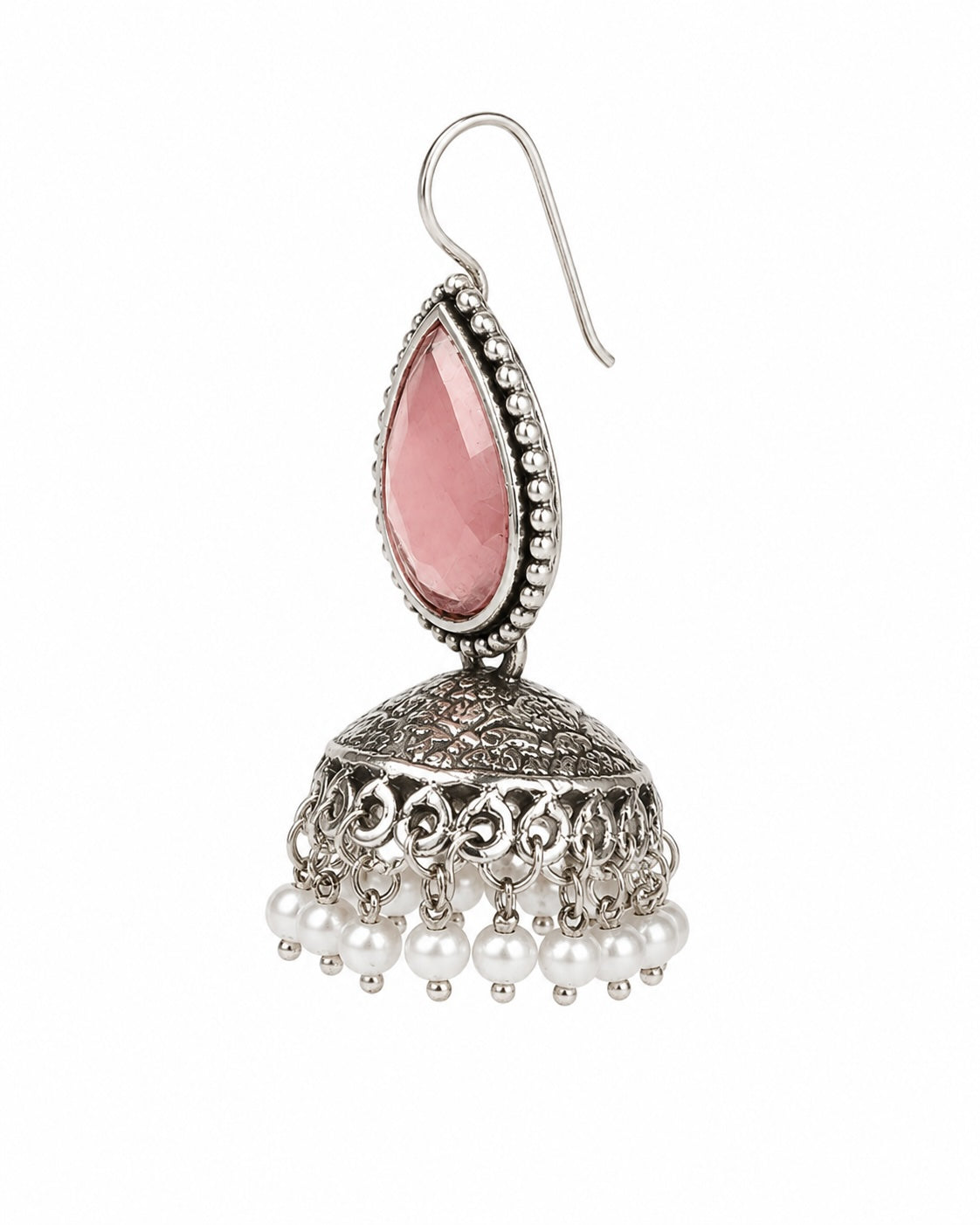 Pink Stone Oxidized Jhumka Earrings with Pearl Drops | Traditional Indian & Pakistani Jewelry