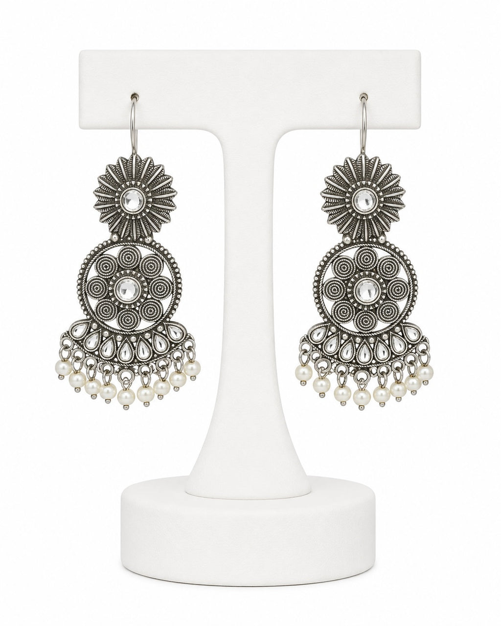 Silver Pearl Chandbali Earrings | Oxidized Statement Earrings for Women