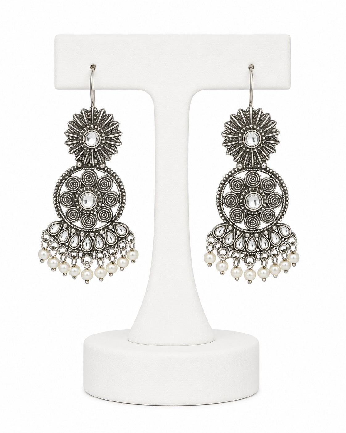Silver Pearl Chandbali Earrings | Oxidized Statement Earrings for Women