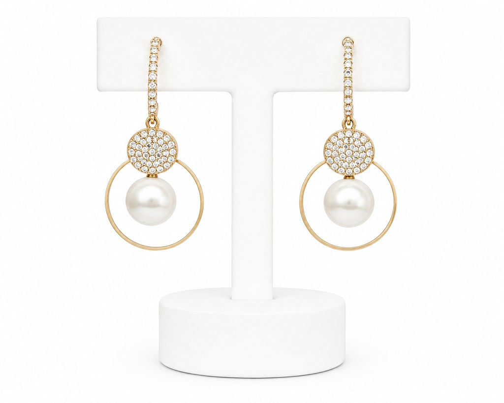 Gold Pearl Drop Hoop Earrings | Crystal Embellished Statement Earrings