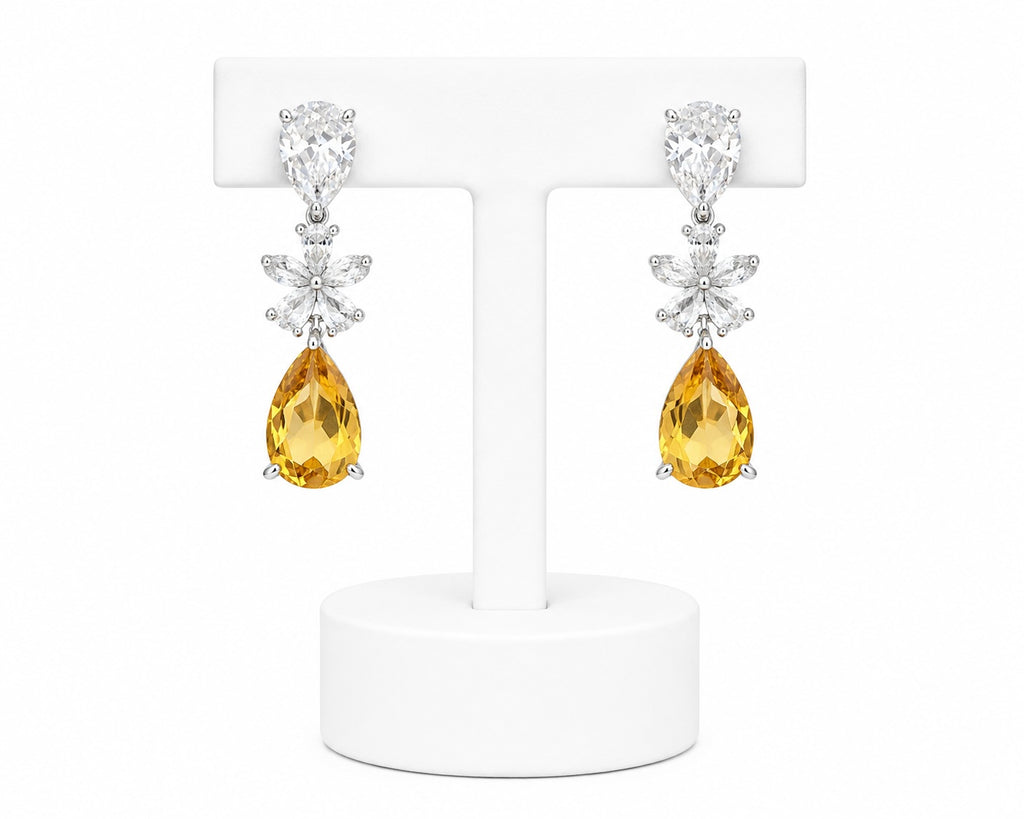Golden Citrine Crystal Drop Earrings | Floral Statement Earrings