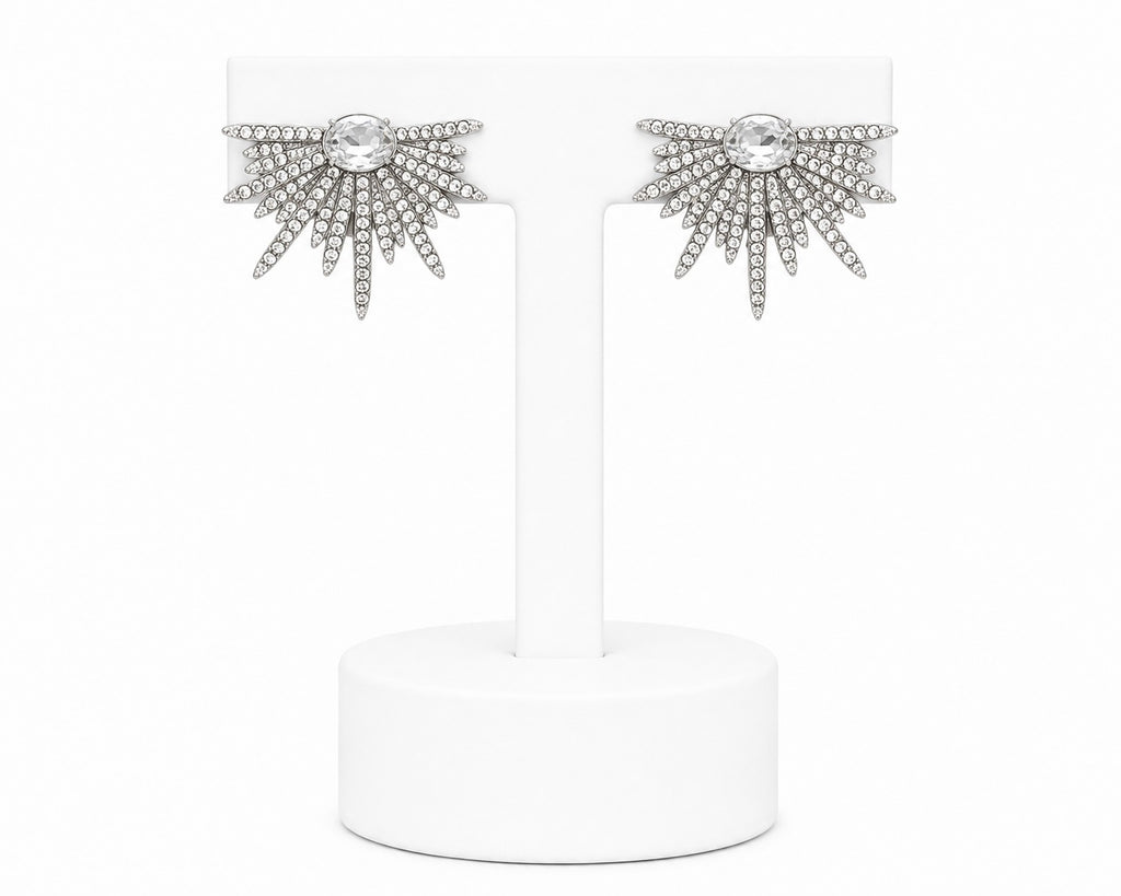 Crystal Sunburst Statement Stud Earrings | Silver Sparkle Earrings