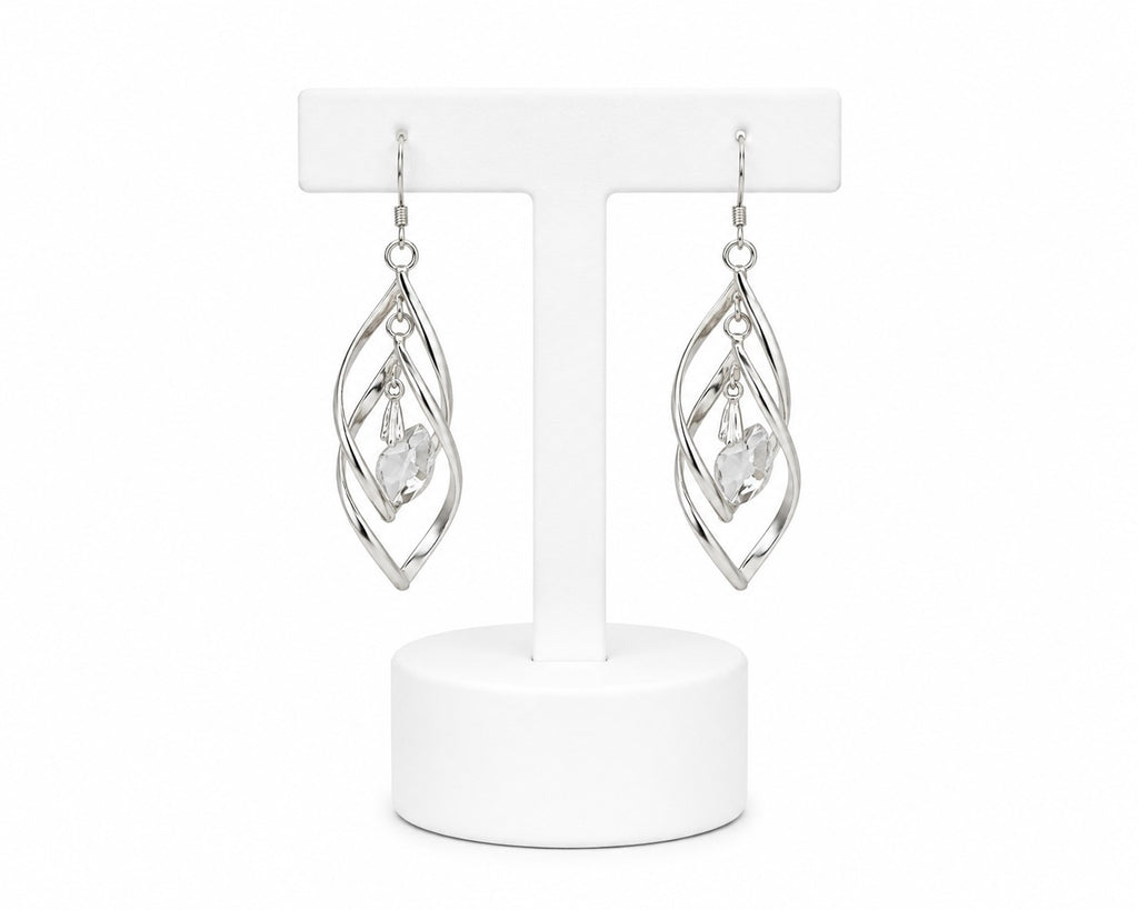 Silver Crystal Leaf Drop Earrings | Elegant Dangle Statement Earrings