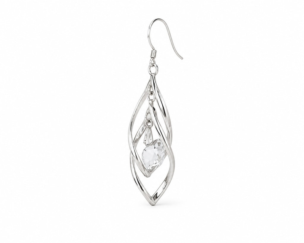 Silver Crystal Leaf Drop Earrings | Elegant Dangle Statement Earrings