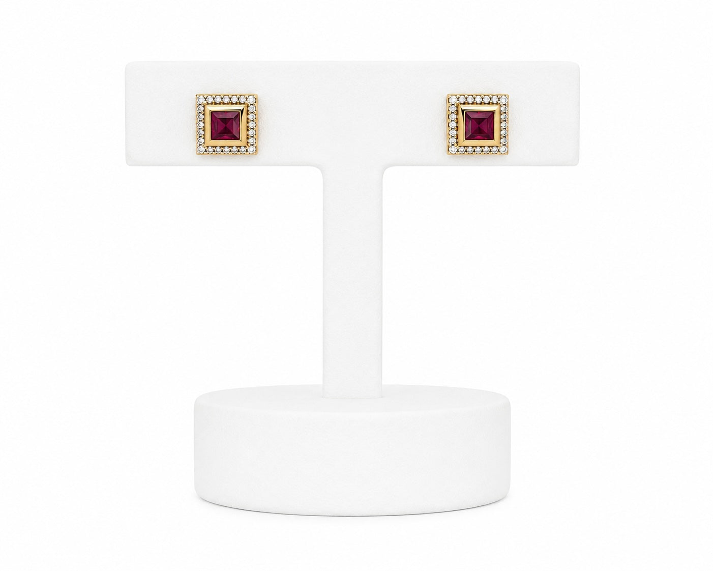 Gold Ruby Crystal Square Stud Earrings | Elegant Geometric Statement Studs