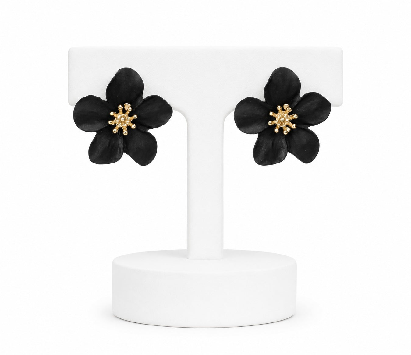 Black Floral Statement Stud Earrings | Bold Flower Earrings with Gold Accents