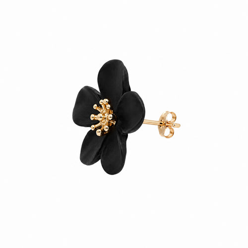 Black Floral Statement Stud Earrings | Bold Flower Earrings with Gold Accents