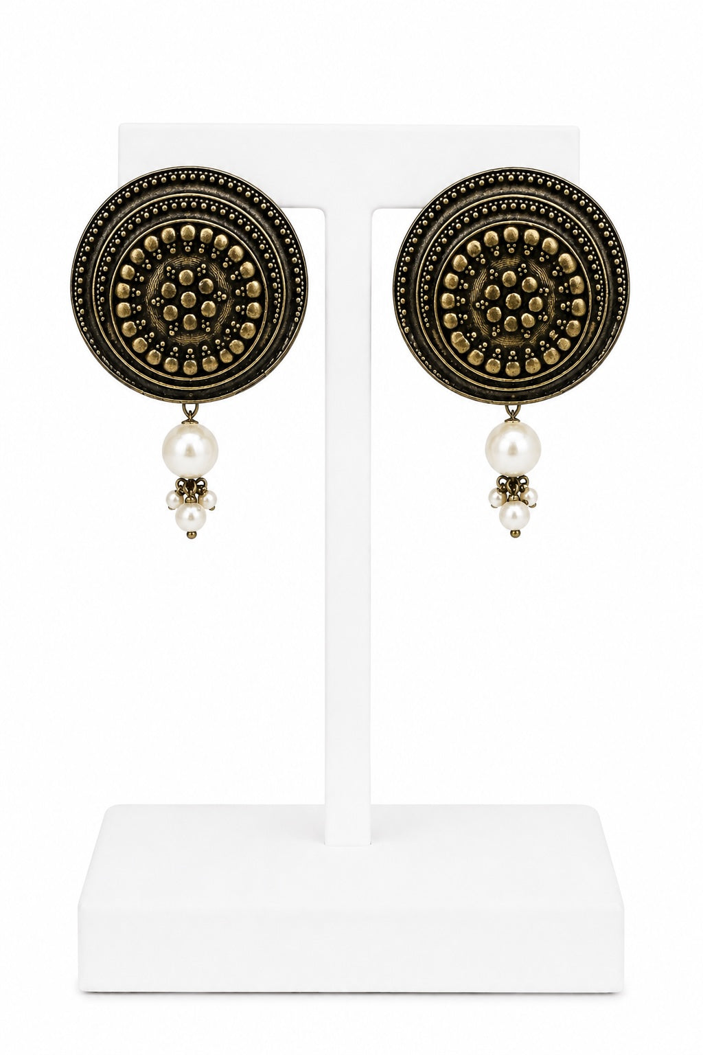 Antique Gold Tribal Disc Earrings with Pearl Drops | Boho Statement Stud Earrings