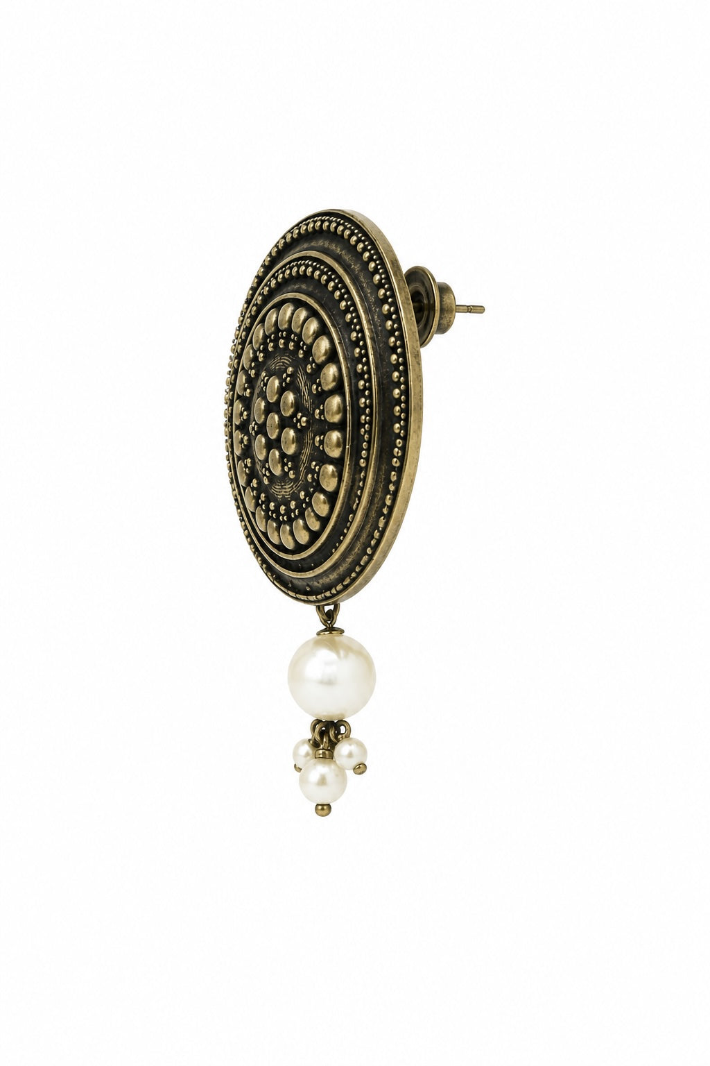Antique Gold Tribal Disc Earrings with Pearl Drops | Boho Statement Stud Earrings