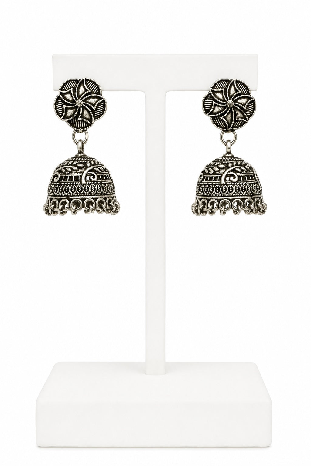 Oxidized Silver Floral Jhumka Earrings | Traditional Indian Statement Earrings