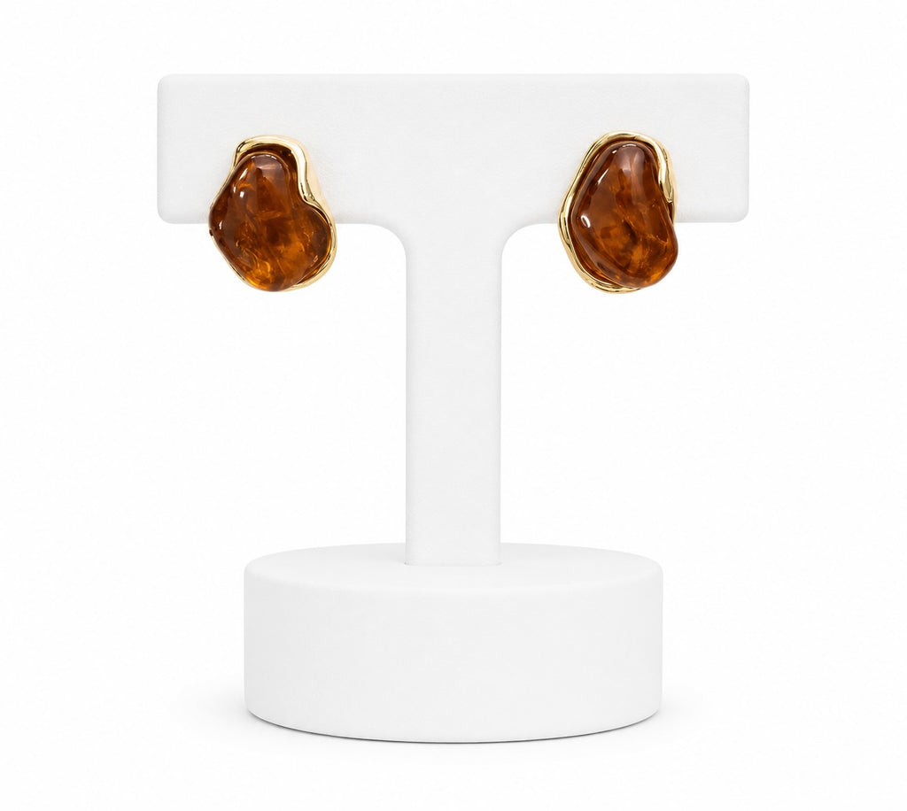 Amber Resin Gold Stud Earrings | Modern Organic Statement Earrings