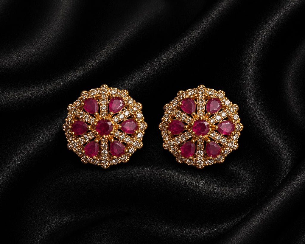 Ruby Royale Floral Stud Earrings | Gold-Tone Crystal Statement Earrings