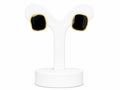 Pair of black square earrings with gold accents on a white stand.