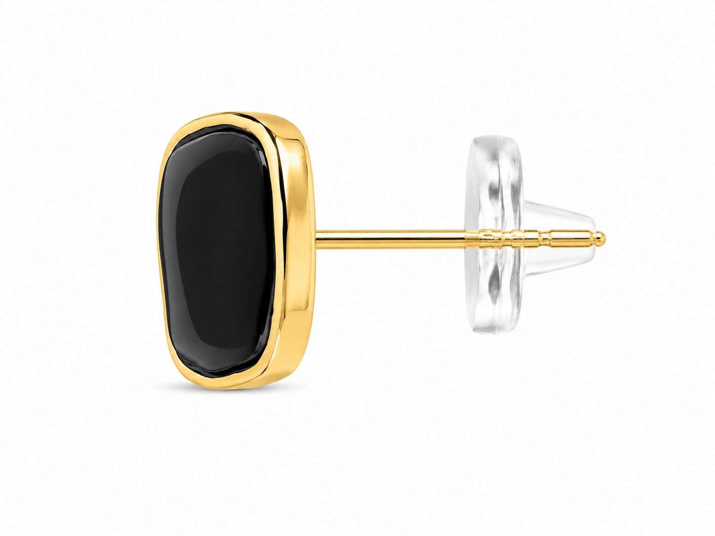 Gold and black stud earring on a white background