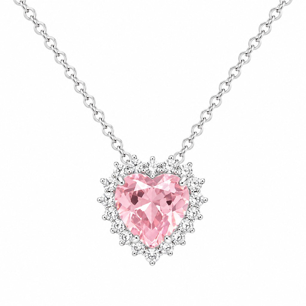 Pink heart-shaped gemstone necklace on a white background