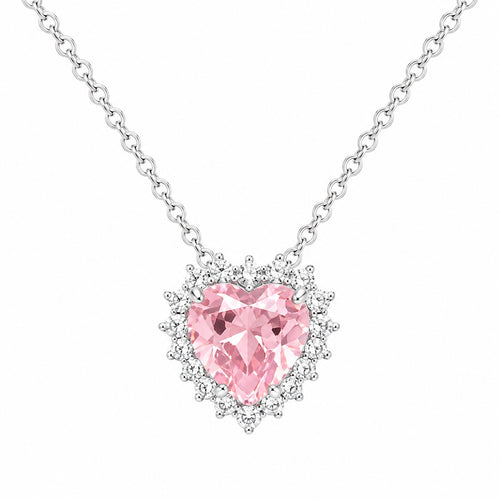 Pink heart-shaped gemstone necklace on a white background