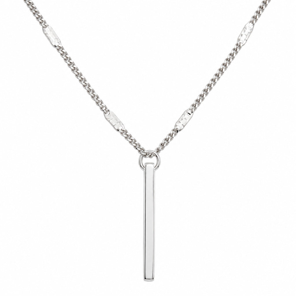 Silver necklace with a vertical bar pendant on a white background